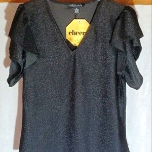 Cheers Knit  Fashion Black Glitter V Neck  Ruffle Front Bodysuit Size XL